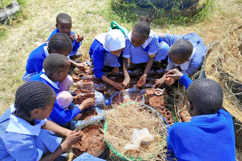 In Kenya, eight primary students in blue and white school uniforms are hunched over together outside, planting seeds in various containers filled with dirt. All of the children are looking down at their seeds in their hands, except one child in the upper left who is looking at the photographer. There is green grass all around them.