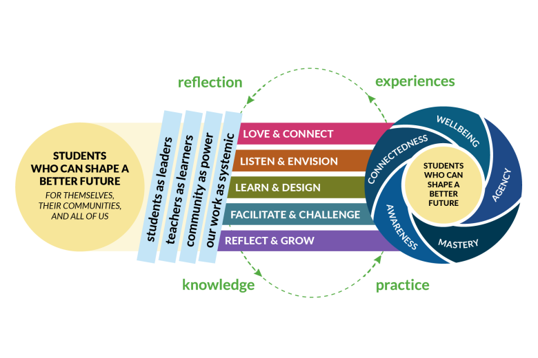 The full-color framework overlaid with a circular green dashed arrow labeled with Reflection, Experiences, Practice, and Knowledge, illustrating the continuous learning loop that powers the collective leadership process.