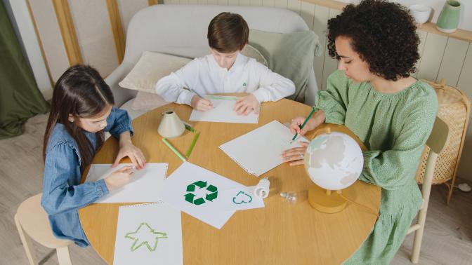 woman, boy, girl drawing, recycle