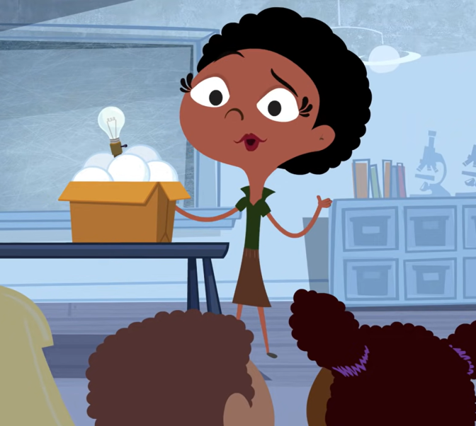 An animated teacher with a box of light bulbs
