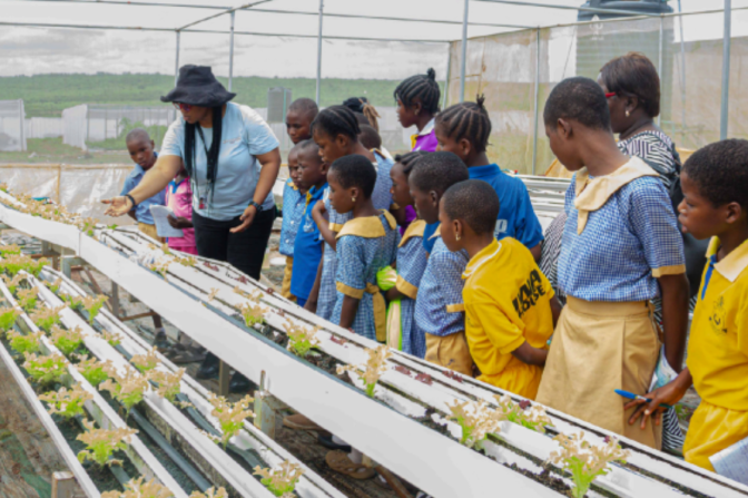 Nigerian students listening to a teacher in a garden