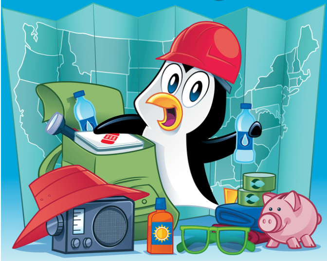 Pedro the cartoon penguin packing a backpack in front of a map background