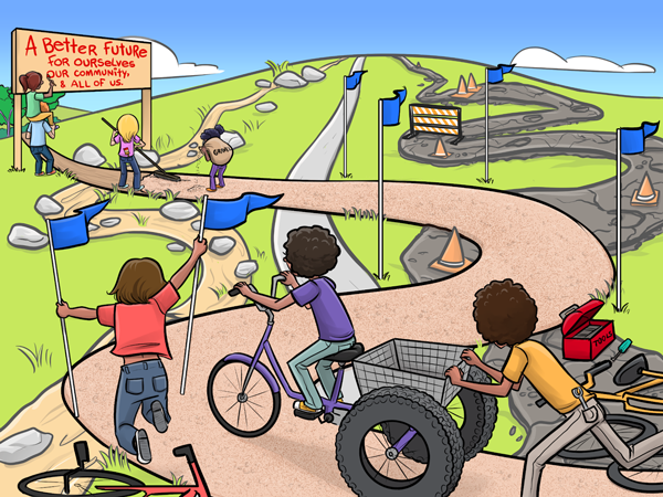 تصف هذه الصورة تلة بثلاث مسارات متعرجة، فالمسار الأيسر طريق ترابي مليء بالصخور والمسار الأوسط معبد، والمسار الأيمن معبد ولكنه متضرر وبه تشققات وأقماع مرورية وحواجز بناء، ويظهر بجانب هذه المسارات مسار جديد يمتد من أسفل اليمين إلى أعلى اليمين، وهو مزين بالأعلام ويؤدي إلى لافتة كُتب عليها: "مستقبل أفضل لأجل أنفسهم، ولأجل مجتمعاتنا، ولنا جميعا"، ويظهر أيضًا في الصورة طفل يجلس على كتف طفل آخر لدهان اللافتة، فيما يواصل أطفال آخرون تعبيد المسار، وأحدهم يحمل علمين وهو يقفز، بينما يدفع آخر طفلًا يركب دراجة نقل صغيرة